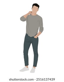 Ilustración vectorial de un hombre con un suéter gris claro y pantalones verdes. Estilo casual de otoño