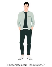 Vektorgrafik eines Mannes in einer hellgrauen Jacke. Einfache und dennoch stilvolle Kombination, die sich für einen lässigen Urban Look eignet.