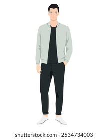 Ilustración vectorial de un hombre con una chaqueta gris claro. Combinación sencilla pero elegante adecuada para un look urbano casual.