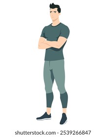 Vector illustration. A man in light gray sweatpants and a gray-green T-shirt. Laconic and stylish image for everyday sports or leisure.