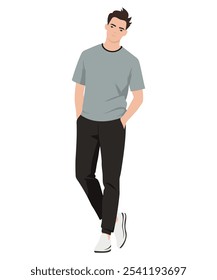 Vector illustration. A man in a light gray T-shirt and dark trousers. The image is discreet and stylish, ideal for everyday wear in a calm environment.