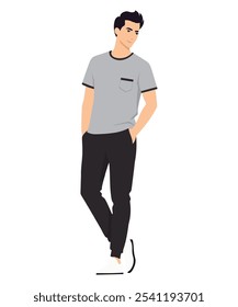 Vector illustration. A man in a light gray T-shirt and black pants stands in a relaxed pose. His image is neutral and versatile, making it suitable for everyday wear.