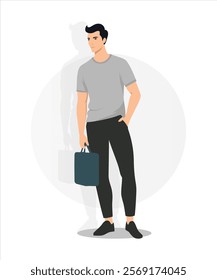 Vector illustration. A man in a light gray T-shirt and dark green pants holds a bag in his hand.