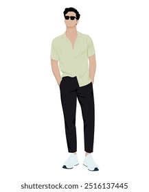 Ilustração vetorial de um homem em uma camisa verde-clara com mangas curtas e calças pretas. Minimalismo de verão