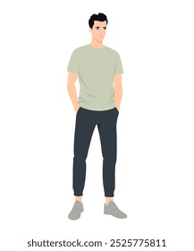 Vector illustration of a man in a light green T-shirt and black pants