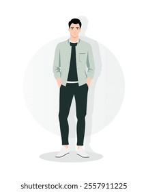 Vector illustration. A man in a light green jacket, a white sweater and dark pants. An image that is perfect for spring walks or light formal meetings.