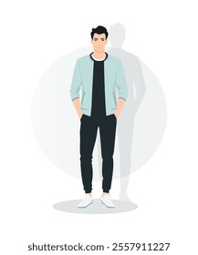 Vector illustration. A man in a light green jacket, a white sweater and dark pants. An image that is perfect for spring walks or light formal meetings.