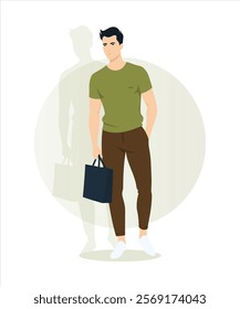 Vector illustration. A man in a light green T-shirt, brown pants, with a bag in his hand, stands on a light background.