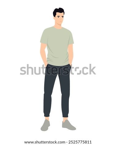Vector illustration of a man in a light green T-shirt and black pants