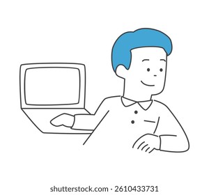 Vector illustration of a man listening to a conversation while using a computer