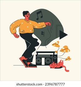 Vector illustration of a man listening to music on the radio. Flat style.