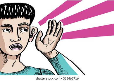 Vector illustration of a man listening - overhear, gossip, spy concept. Hand drawn sketchy comic character - man with palm near his ear. Retro poster style. Comic stripe, pop art.