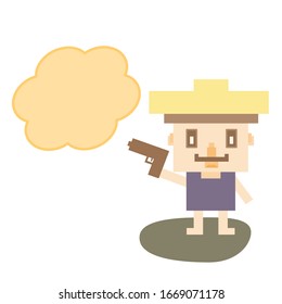 Imagen vectorial de un hombre con un bigote largo sosteniendo una pistola en la mano.  Un hombre usa un arma para disparar un discurso de burbuja y agregar el texto. Carácter hecho por rectángulo.