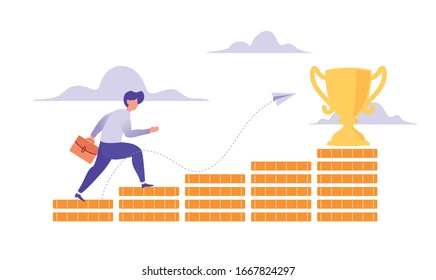 Vector Illustration of man look a target trophy. Business Concept, Team Metaphor, Flat Design