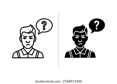 Vector illustration of a man looking confused with question marks symbolizing doubt or a problem. Suitable for concepts related to uncertainty, decision making, or confusion in business and lifestyle.