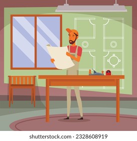 Vector illustration of a man looking at construction plan