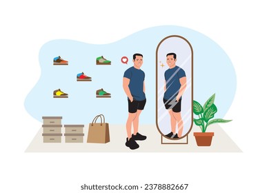 Vector illustration of a man looking at himself in the mirror. Flat style.