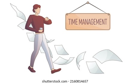 Vector illustration of a man looking at his watch, flying paper sheets, nameplate. Time management concept. Vector illustration for a banner, poster, website, advertisement.