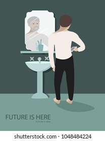 Vector Illustration Of Man Looking Into His Smart Phone And Older Him Looking At Him From The Mirror