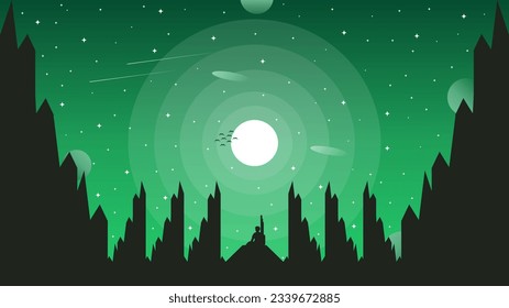 Vektorgrafik eines Mannes, der nachts den Mond und die Sterne betrachtet