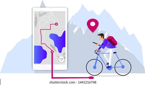 Vector illustration - man looking to the mountain peaks. Mountains, trees and hills on background. Navigation and traveling. Map pointer and location finding. Web application.