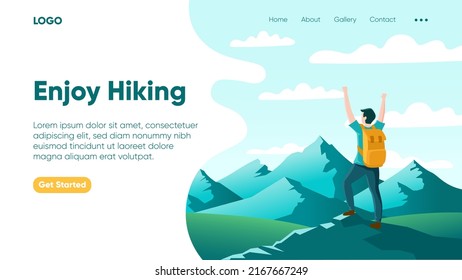 Vector illustration - man looking up the mountain. Mountains and hills in the background. Banner, website, landing page, poster template with place for your text.