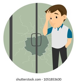 Vector Illustration Of A Man Looking Sad Because Of The Broken Glass Door