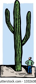 Vector illustration of a man looking at a tall cactus