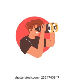 Vector illustration of a man looking through binoculars watching someone. Character peeking through a round red hole. Flat cartoon style. Isolated background.