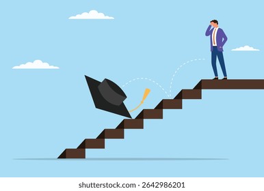 Ilustração vetorial de um homem que parece chateado quando seu boné de formatura cai as escadas, simbolizando realizações perdidas, oportunidades perdidas ou retrocessos em objetivos acadêmicos ou de carreira
