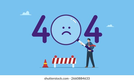 Vector illustration of a man looking at website message through magnifying glass and error code. 404 error page or file not found for web page concept.