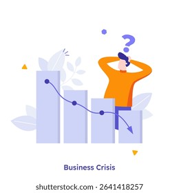 Vector illustration with man looks confused at a ascending bar chart with a downward arrow, representing business crisis concept and financial market failure.