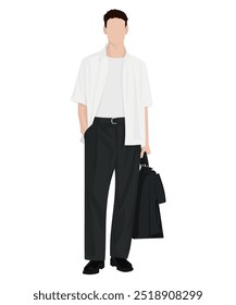 Vector illustration of a man in a loose-fitting white shirt and dark pants.