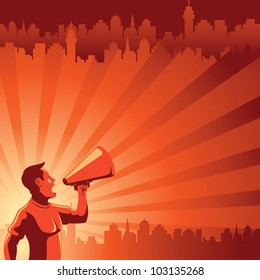 Vector illustration of a man with loudspeaker in red.