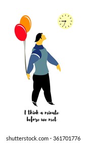 vector illustration of a man in love with balloons standing under the clock and waiting for visits
