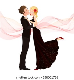 Vector illustration with a man in love kisses a young beautiful woman 