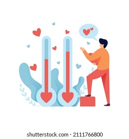 Vector illustration man with love meter celebrating valentines day background.