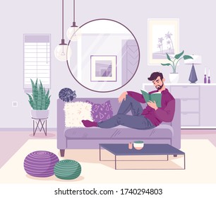 Vector illustration with man lying on sofa at home and reading book. Flat cartoon style. Modern stylish, fashionable interior. Bachelor's apartment, cozy home. Man enthusiastically reads book.