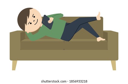 Vector illustration of man lying on sofa using smartphone.