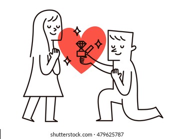 Vector illustration - Man makes marriage proposal to girlfriend. Proposed wedding.