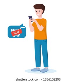 Vector illustration: man makes a purchase on the phone. Online shopping.