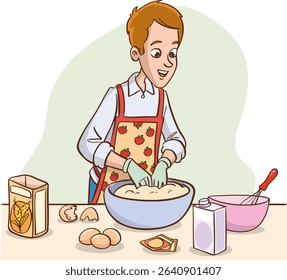 Vector illustration of man making cake or bread in the kitchen
