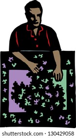 Vector illustration of man making a puzzle