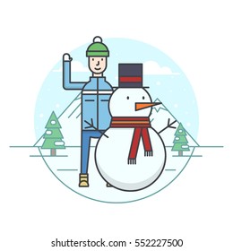 Vector illustration of the man making a snowman on snowy mountains and fir trees background. Winter sport and activity topic.