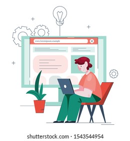 Vector illustration of man making a website. Process of creating website, coding, programming, constructing interface and creating content. Man holding a computer create a website.