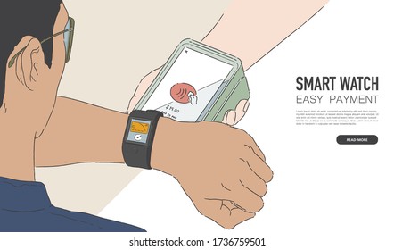 Vector illustration of man making wireless or contactless payment via smartwatch. Cashier accepting payment over NFC technology. Banner design.