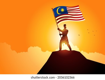 Vector illustration of a man in malay traditional costume holding the flag of Malaysia on mountain peak