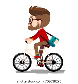 Vector illustration of Man, Male, Guy, Bearded with Bag Character Riding Bicycle isolated on White Background. 