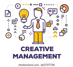 Vector illustration of a man manager with yellow light bulb and icons. Creative management concept on light background with title. Thin line art design for web, site, banner, business presentation