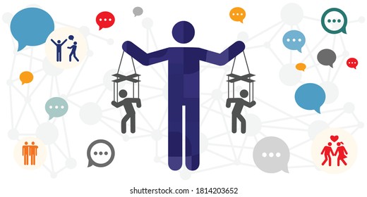 vector illustration of man manipulating people as puppets with social media influence 